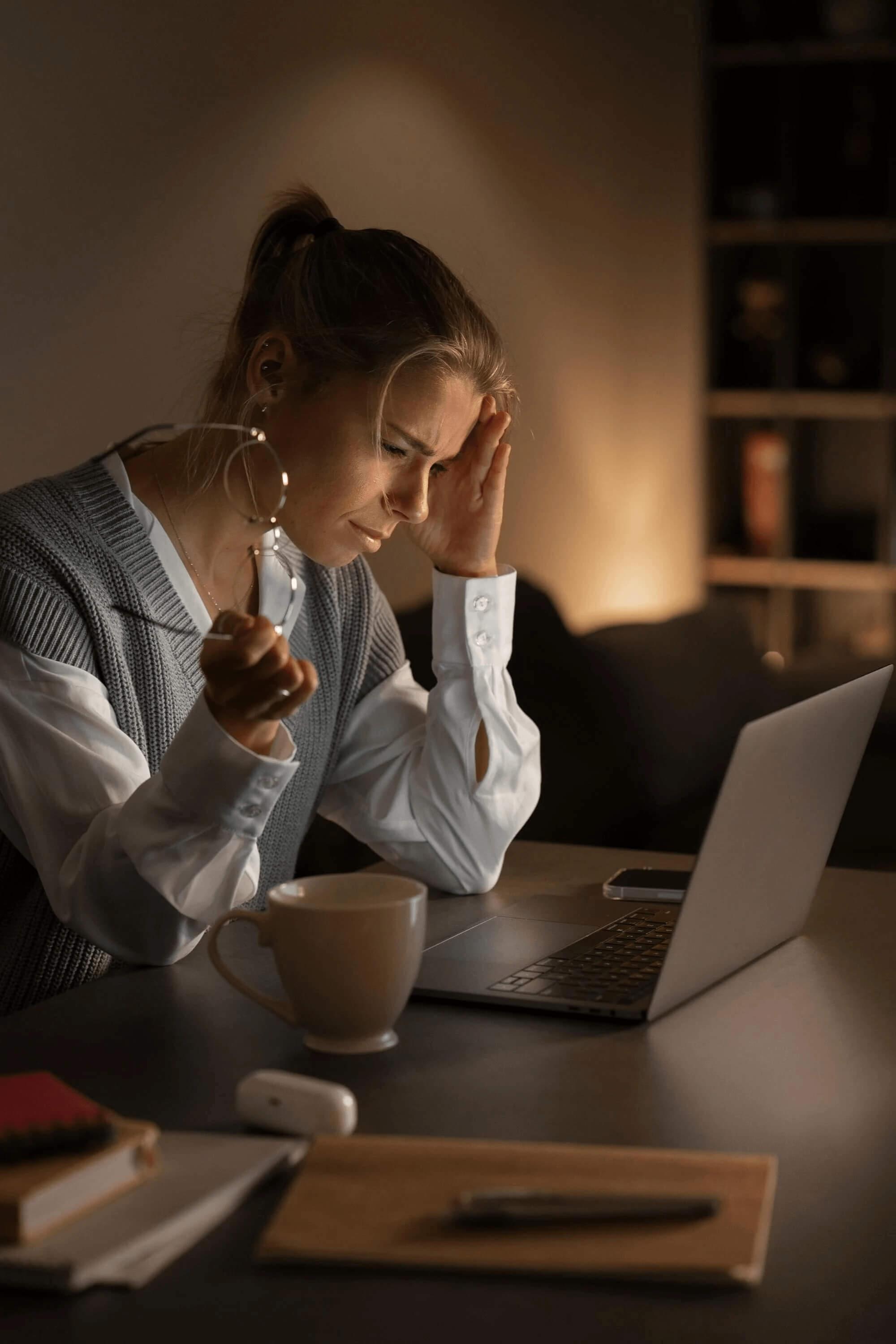 Woman working late at a laptop, holding her head in her hand by lamplight